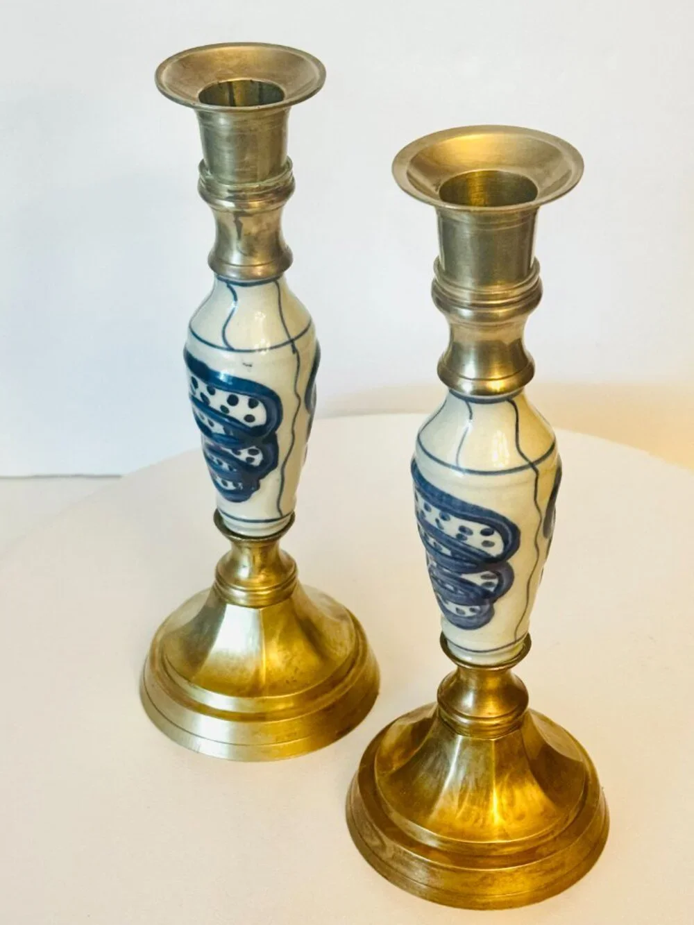 Pair Delft Vtg Blue White Ceramic Brass 9